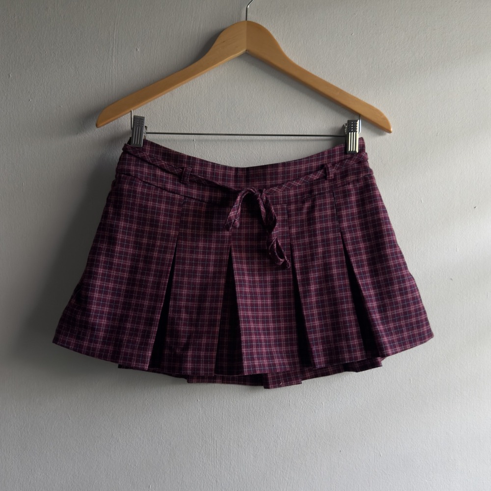 Y2K Hollister Plaid Pleated Mini Skirt Women Small Burgundy Preppy Academic